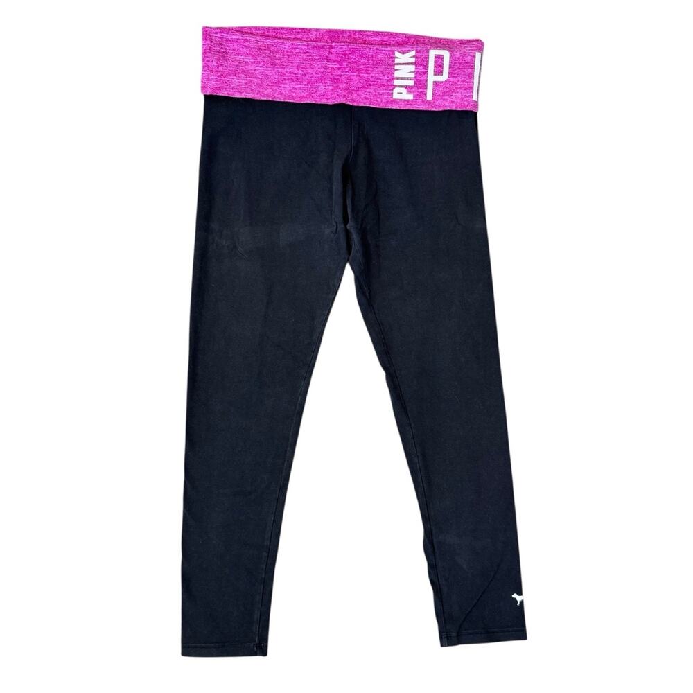 Y2K Vintage Victoria’s Secret PINK Black Fold Over Yoga Leggings Dog Logo Size L - Picture 2 of 8